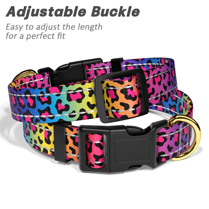 Reflective Dog Collar, Cute Leopard Style Dog Collar for Small Dogs, Soft Nylon Puppy Collar for Boy and Girl Female Dog, Adjustable Heavy-Duty Pet Collars with Quick Release Buckle, Neon Neon Leopard Print S (Neck 10-16", Width 3/4") - BeesActive Australia
