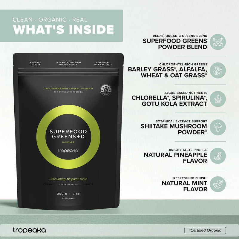 Tropeaka Superfood Greens + D - Antioxidant Green Powder for Energy, Immune System, & Gut Health, Rich in Chlorophyll & Essential Nutrients, Vitamin D, Vegan, Gluten Free, Non-GMO - 7oz (20 Servings)