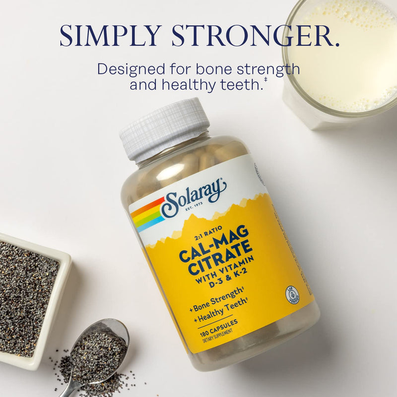 SOLARAY Calcium Magnesium Citrate 2:1 with Vitamin D3 K2, 180 Capsules | Bone, Heart, Muscle & Teeth Support - High Absorption Calcium & Magnesium Citrate with D3 & K2 - 30 Servings - Lab Verified 180 Count (Pack of 1)