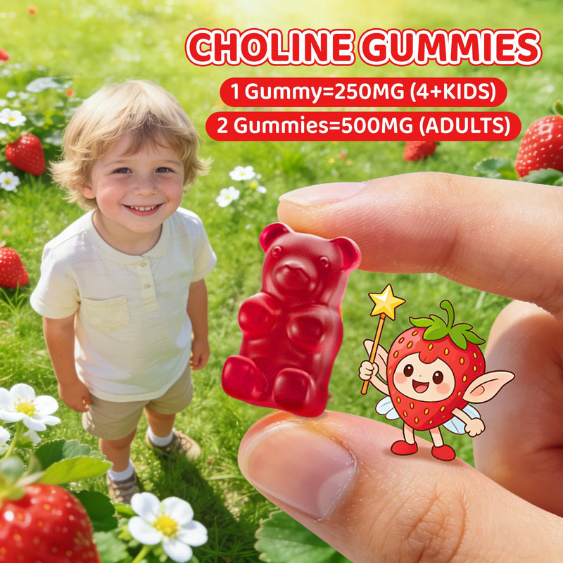 Choline Gummies for Kids & Adults, Choline Supplements 500mg with DHA, Phosphatidylserine for Brain Health, Focus, Immune Support, Sugar-Free, Vegan, Strawberry Flavor, 60 Gummies 1