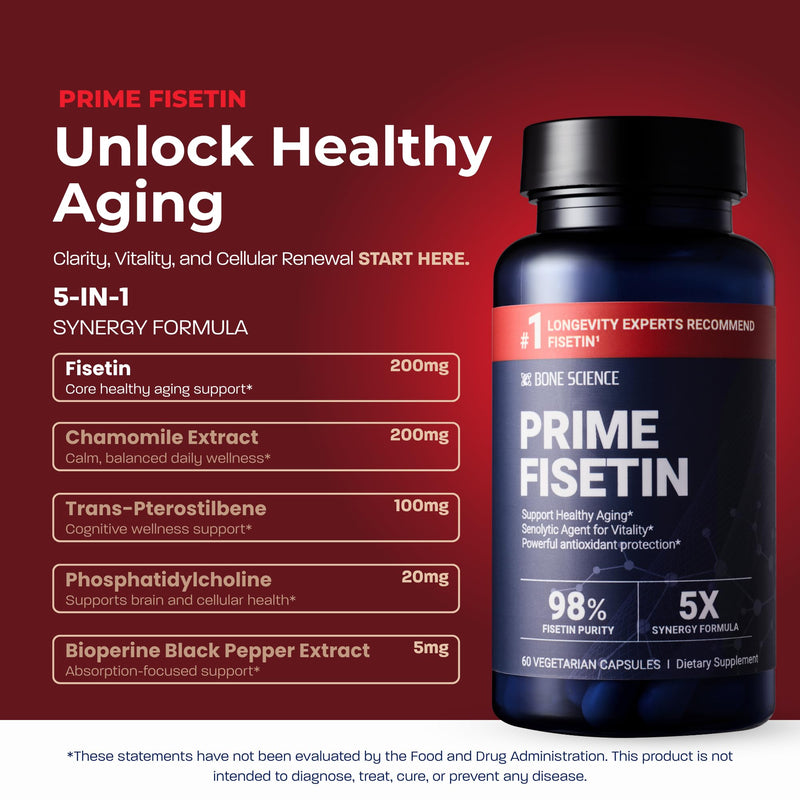 BONE SCIENCE Prime Fisetin 98% Flavonoid Complex, BioPerine, 60 Capsules | With chamomile extract, trans-pterostilbene and phosphatidylcholine in a comprehensive plant-based flavonoid support formula