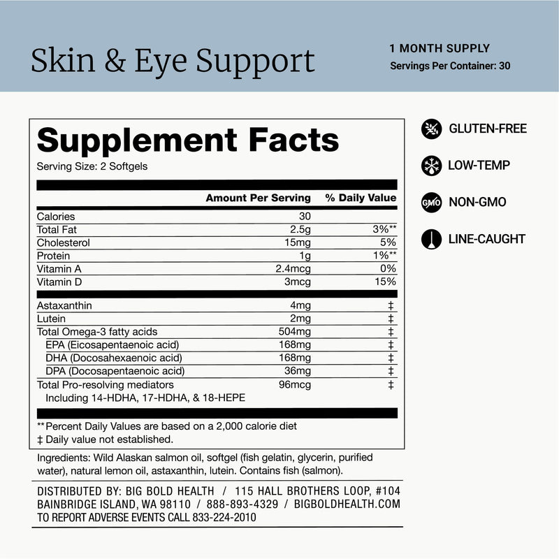 BIG BOLD HEALTH Skin & Eye Support - Omega-3 Complex with Alaskan Salmon Oil, DHA, Astaxanthin & Lutein for Healthy Eyes & Skin - 60 Softgels