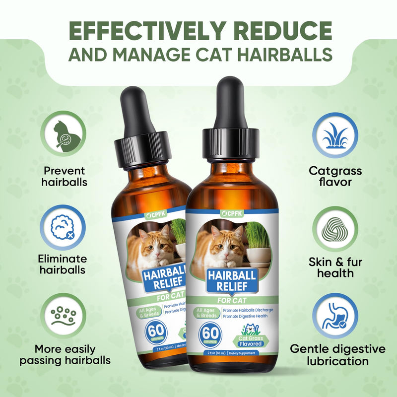 Cat Hairball Remedy Drops, 60 ml (2 fl oz) 2 Pack Cat Hair Ball Treatment Furball Control Relief Helps Eliminate and Prevent Hairballs for Indoor Cats Supports Skin and Coat Digestion 4 Fl Oz