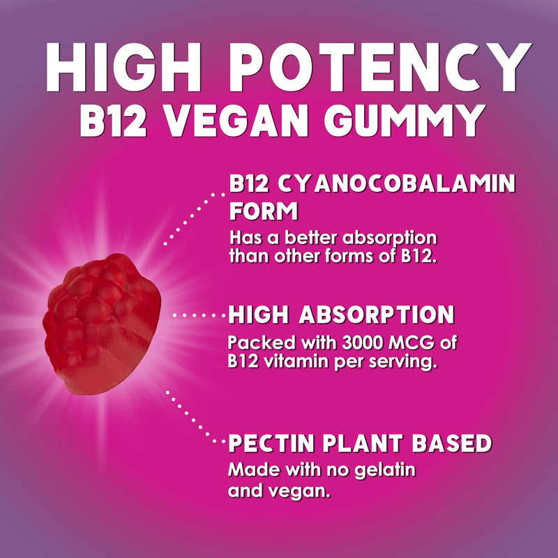 Vitamin B12 Energy Gummies - 3000 mcg per Serving Extra Strength B 12 Gummy for Metabolism, Immune Support - Chewable Dietary B-12 Supplements, Natural Caffeine Free Gummy, Berry Flavor - 60 Gummies 60 Count (Pack of 1)