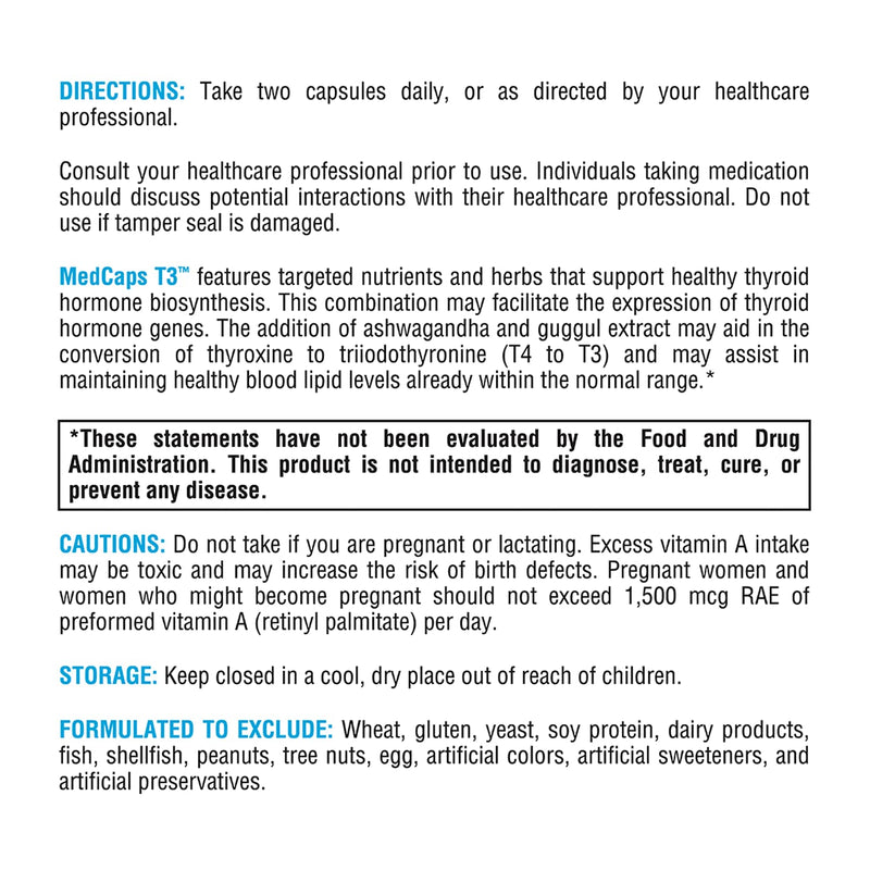 XYMOGEN MedCaps T3 - Thyroid Support Formula with Vitamins + Herbs - Selenium, Zinc, Vitamin E + C, Ashwagandha, Guggul Extract, and Iodine Supplement (120 Capsules)