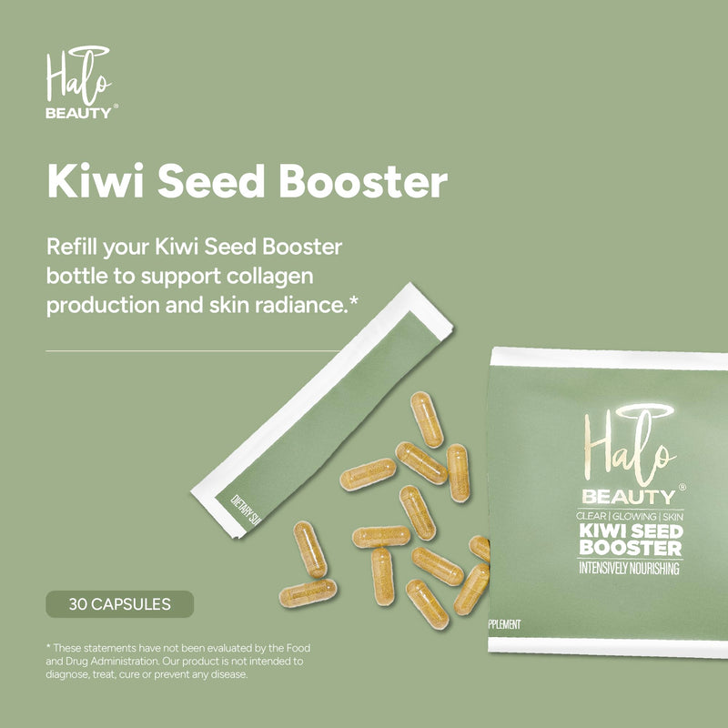 Halo Beauty Kiwi Seed Booster Skin Supplement Refill Pack | Anti-Aging Hydration & Glowing Skin Support with Kiwi Seed, Vitamin C, D3 & Zinc | Vegan Collagen Support Capsules | 1-Month Supply