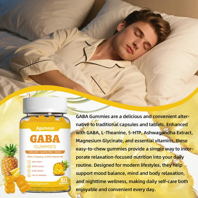 2 Pack GABA Gummies for Women & Men - Sugar-Free GABA Supplement Gummies with L-Theanine, 5-HTP, Ashwagandha, Magnesium Glycinate, Vitamin B6, Vitamin D3 - Pineapple Flavor, Vegan, 120 Gummies