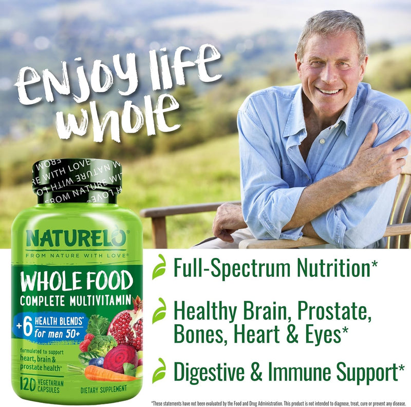 NATURELO Men's Multivitamins 50+, Whole Food Multivitamin for Men 120 Caps | Vitamins, minerals, vegetarian capsules, energy, brain, heart, eye health* 120 Count (Pack of 1)