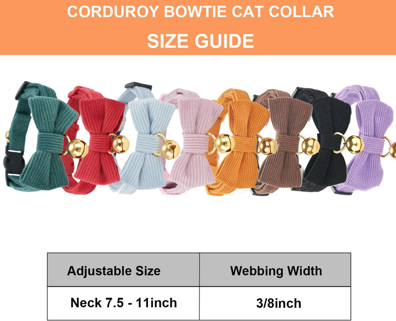 Cotton Breakaway Cat Collar with Bow Tie and Bell, Adjustable Cute Soft Corduroy Kitten Collars for Girl and Boy Cats,Dark Green Neck 7.5" - 11.0" Dark Green - BeesActive Australia