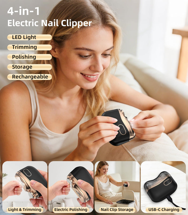 Electric Nail Clipper, Smart Toenail Clipper, 2026 Upgraded 3 in 1 Automatic Nail Trimmer with Polishing, LED Light & Clip Storage, 2-Speeds, USB Rechargeable for Baby, Adults, Seniors Black
