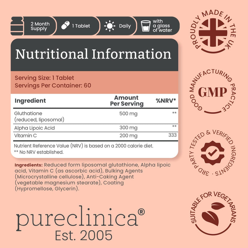 pureclinica Glutathione 1000mg – 120 Tablets (2 x 60) | High Strength with 500mg Glutathione, 300mg ALA, 200mg Vitamin C | Antioxidant & Detox Support, 1-a-Day 60 Count (Pack of 2)