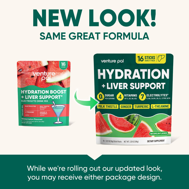 Venture Pal Sugar Free Hydration Packets + Liver Support, 16 Sticks | 7 Electrolytes & 5 Vitamins with Milk Thistle, L-Theanine, Ginger, Weekend Recovery, Keto Friendly, Vegan, Liquid Daily IV 1 Pound (Pack of 1) V5-Watermelon