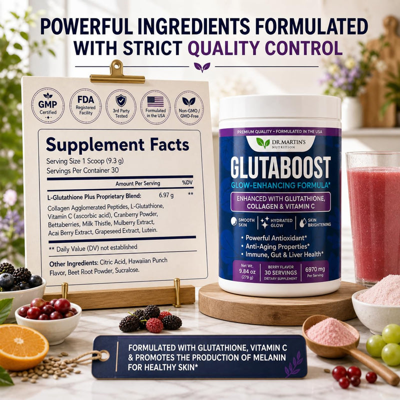 6970mg Glutathione Powder for Skin Brightening, Collagen & Vitamin C | Berry Flavor Drink Mix, L-Glutathione, Fades Dark Spots, Anti-Aging Antioxidant, Clear Skin Supplement for Women, 30 Servings