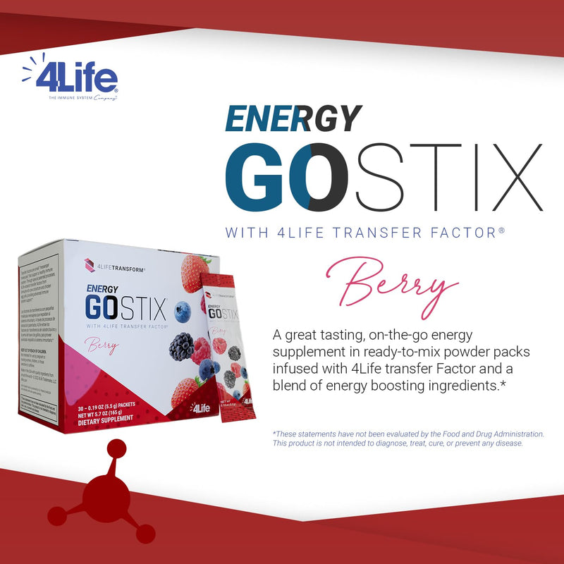 4Life Energy Go Stix Berry Drink Mix with Amino Acids, 30 Packets | Berry flavor, Green tea, Yerba mate, Ginseng, Guarana, Maca, Energy supplement, Endurance, Portable stick packs