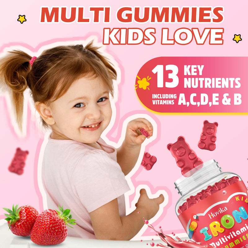 Iron Supplement Gummies for Kids with Multivitamin, Calcium, Zinc, Folate - Kids Iron Gummies Support Immune, Blood Builder, Iron Deficiency, Anemia & Energy - Vegan, Strawberry 60 Count 60 Count (Pack of 1)