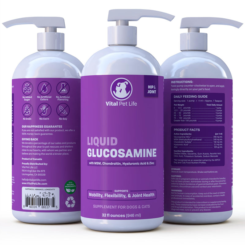 Liquid Glucosamine for Dogs Cats & Horses with Chondroitin, MSM, and Hyaluronic Acid, Hip & Joint Supplement for Mobility & Comfort, Supports Joint Health & Flexibility, Mobility, & Protection, 32 oz - BeesActive Australia