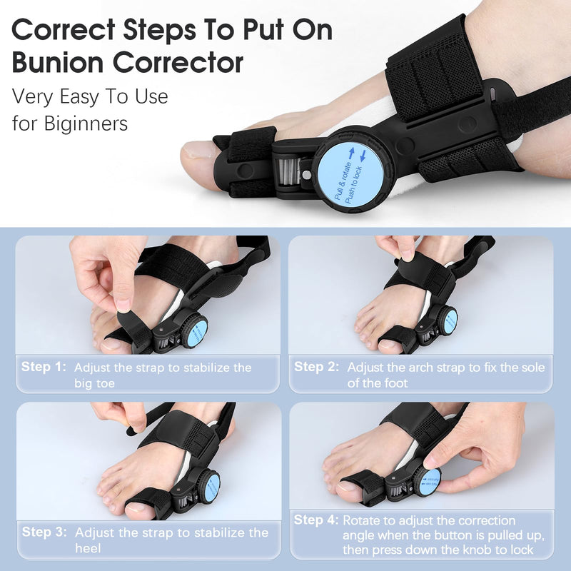 Bunion Corrector for Women Men: Big Toe Straightener Bunion Fix with Adjustable Knob-Orthopedic Bunions Splint Brace Toe Alignment Correction for Hallux Valgus Pain Relief Day/Night 1PCS (Black) Black