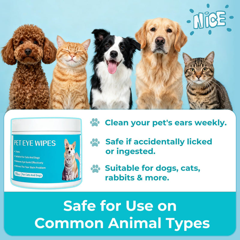 Gentle Pet Eye Wipes, Hypoallergenic Tear Stain Remover for Cats and Dogs, 100 Count Unscented Cleaning Pads with Adequate Fluid Content Eye Wipes - 100 Counts