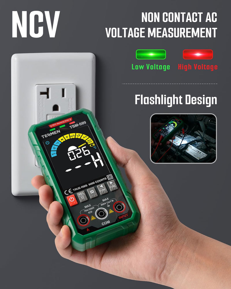 TSM-599 Smart Digital Multimeter, TRMS 6000 Counts, Voltage Tester, Volt Meter with NCV, DC/AC Voltage&Current, Resistance, Continuity, Diode, Capacitance, Hz%, Temperature, Live Wire - Green TSM-599 Auto&Manual Dual Multimeter - BeesActive Australia