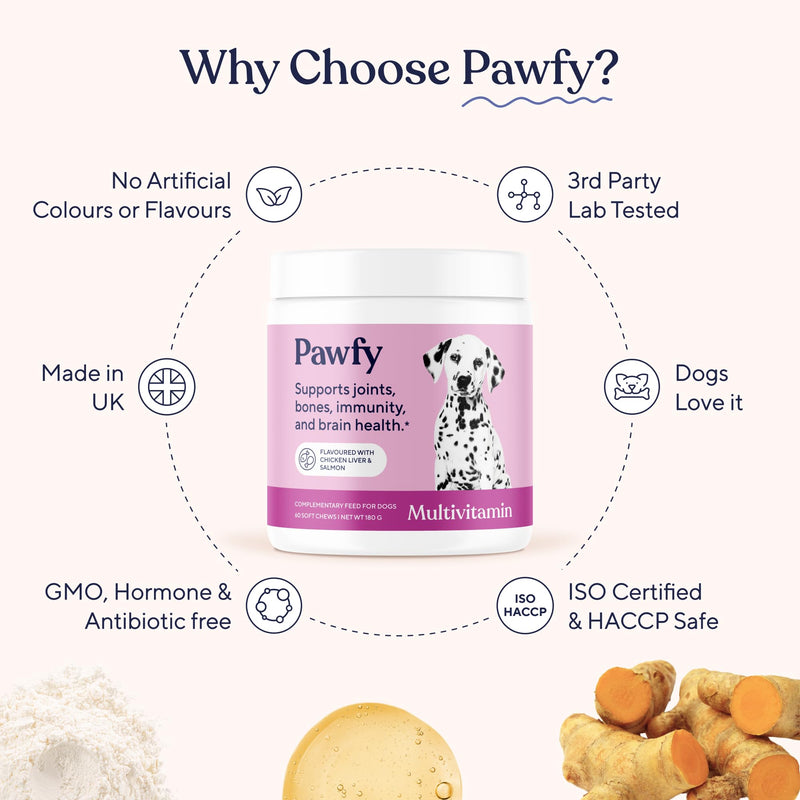 Pawfy Dog Multivitamin Chews | 23 Active Ingredients | Vitamins A B C D E & Omega 3 | Supports Joints, Bones, Immunity & Brain Health | Skin & Coat Support | All Life Stages | 60 Chews