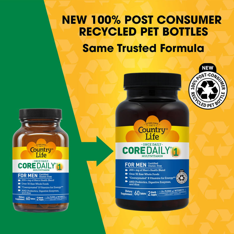 Country Life Core Daily-1 Multivitamin for Men with Probiotics, 60 Tablets | Supports energy metabolism, immune function and digestive wellness with whole foods and coenzymated nutrients