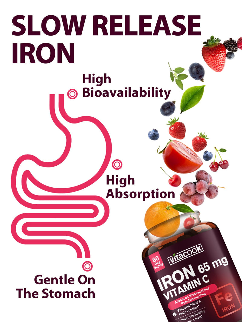 Iron Supplement for Women Men, High Potency Iron 65mg with Vitamin C 250mg, Slow Release Stomach Friendly Iron Pills for Red Blood Cell & Immune Support, Non-GMO, Gluten Free, 60 Vegan Tabs iron65mg+vc 60 Count (Pack of 1)