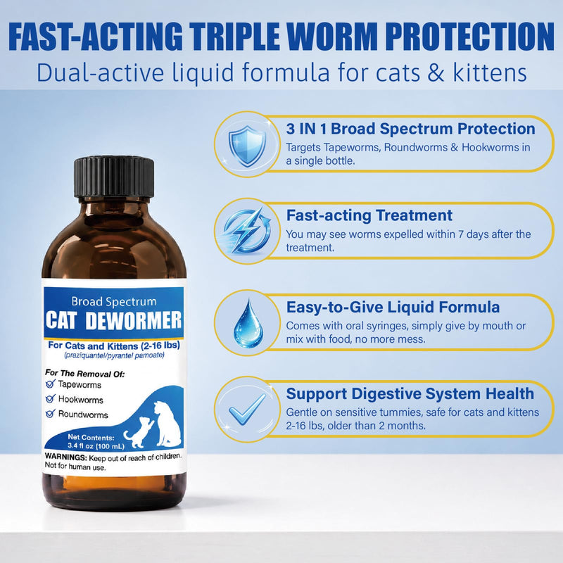 Broad Spectrum Cat Dewormer Liquid for Cats & Kittens (2–16 lbs) – Praziquantel & Pyrantel Pamoate Oral Suspension for Tapeworms, Roundworms & Hookworms, 100 mL with Oral Syringe