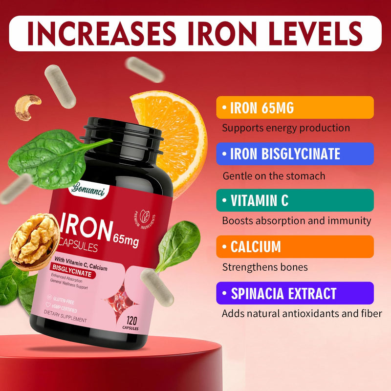 Iron Supplement - Iron 65mg High Absorption Iron Bisglycinate with Vitamin C, Calcium, Gentle Iron Pills for Women Men - Non GMO & Gluten Free, Stomach Friendly, 120 Capsules 120 Count (Pack of 1)