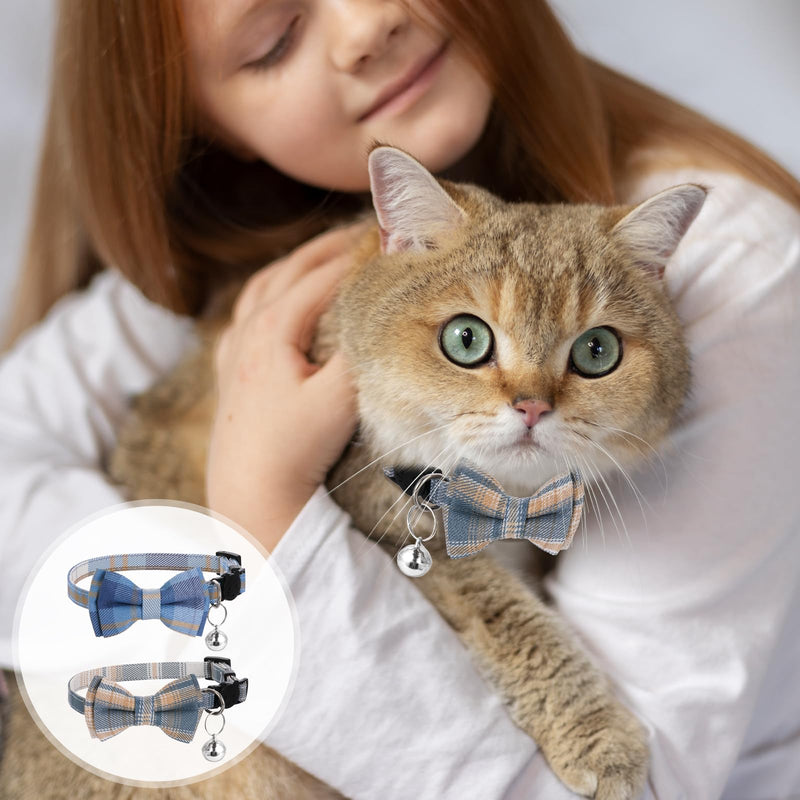 2PCS Blue and White Plaid Cat Collar with Bells, Cat Collar Breakaway Bowtie with Bells, Removable Bow Tie Collar, Adjustbale Kitten Puppy Solid Plaid Color Set, Cute Plaid Kitten Collar Bowtie - BeesActive Australia