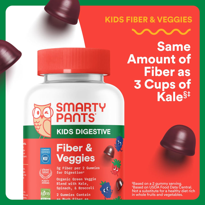 SmartyPants Kids Fiber & Veggies: Prebiotic Fiber Gummies for Kids, Fiber Supplement with Inulin, Organic Green Veggie Blend, Vegan, Gluten Free, Mixed Berry Flavor, 60 Count (30 Day Supply) Fiber + Veggies 60 Count (Pack of 1) - BeesActive Australia