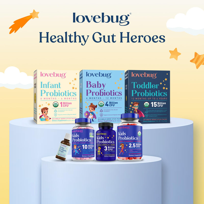 LOVEBUG Probiotics for Kids - Kids Probiotic Chewables with Prebiotics for Aged 4+, Daily Children’s Gut Health, Constipation, Digestive & Immune Support Supplement, Sugar-Free, 60 Soft Pearls 60 Count (Pack of 1)