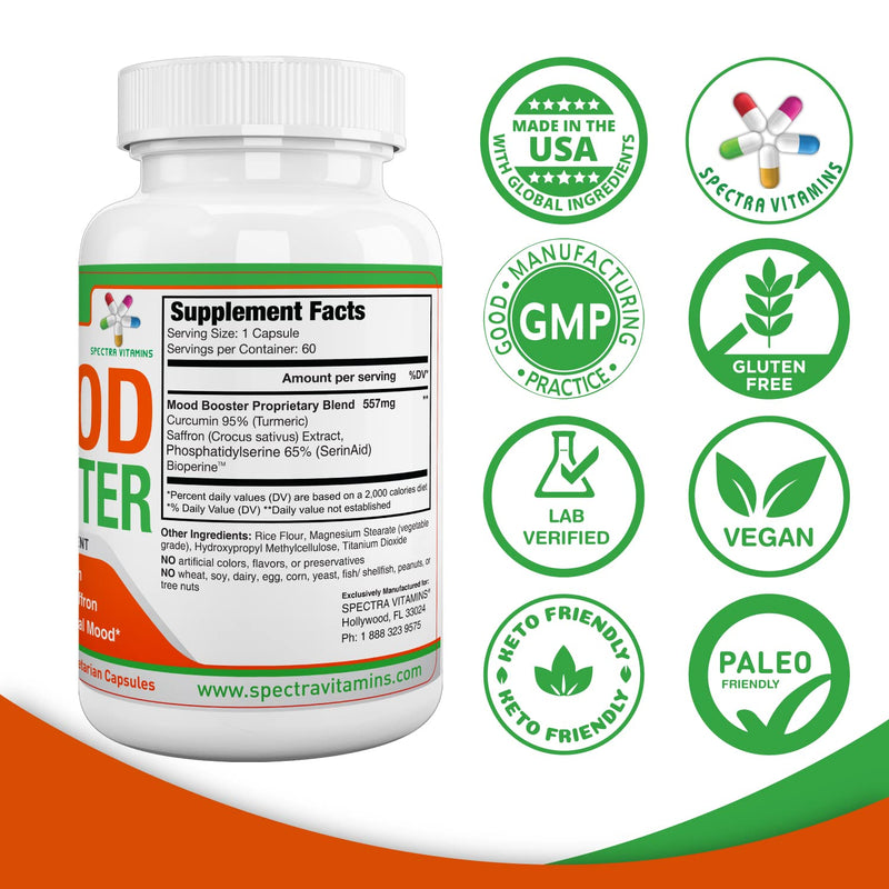Mood Booster 60 Caps - Mood Enhancer Capsules Supports Optimal Mood, Stress Relief, Focus, for Men/Women | Supports Optimal Emotional Wellness, Curcumin, Saffron,
