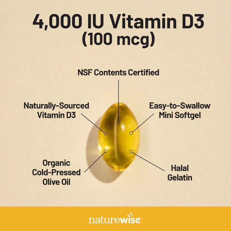 NatureWise Vitamin D3 4000IU Supplement, Immune Support, 90 Mini Softgels | Vitamin D 100 mcg - Organic Extra Virgin Olive Oil - Muscle & Bone Support - Gluten Free & USA Manufactured - 90-Day Supply 90 Count (Pack of 1) 4000 IU