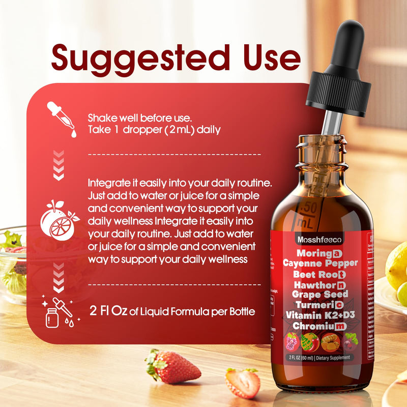 Cayenne Pepper Drops Supplement - Liquid Herbal Formula with Hawthorne Berry, Moringa, Ceylon Cinnamon, Vitamin D3, K2, Beet Root, Turmeric, Grape Seed & L-Arginine | Plant Based for Men & Women 60ML 2 Fl Oz (Pack of 1)