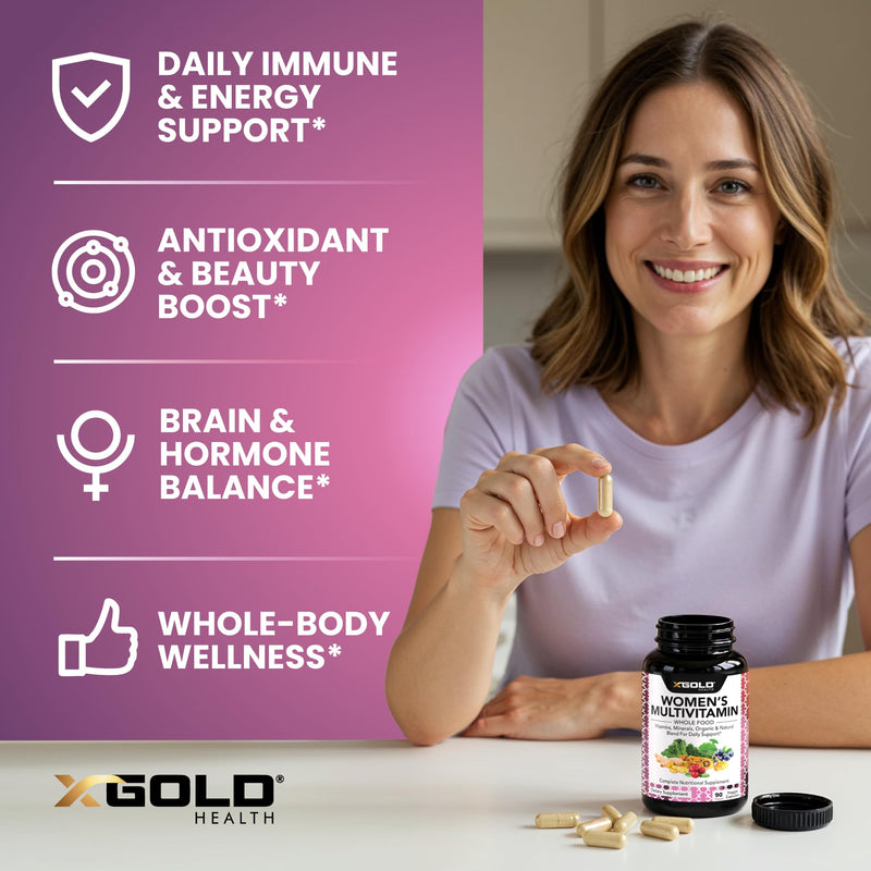 X Gold Health Vegan Women's Daily Multivitamin 50 Plus Organic WholeFood | Based Natural Ingredients, Ginger, Maca, Multi-Vitamin B Complex & More - Energy Support, Immune System Booster -90 Capsules