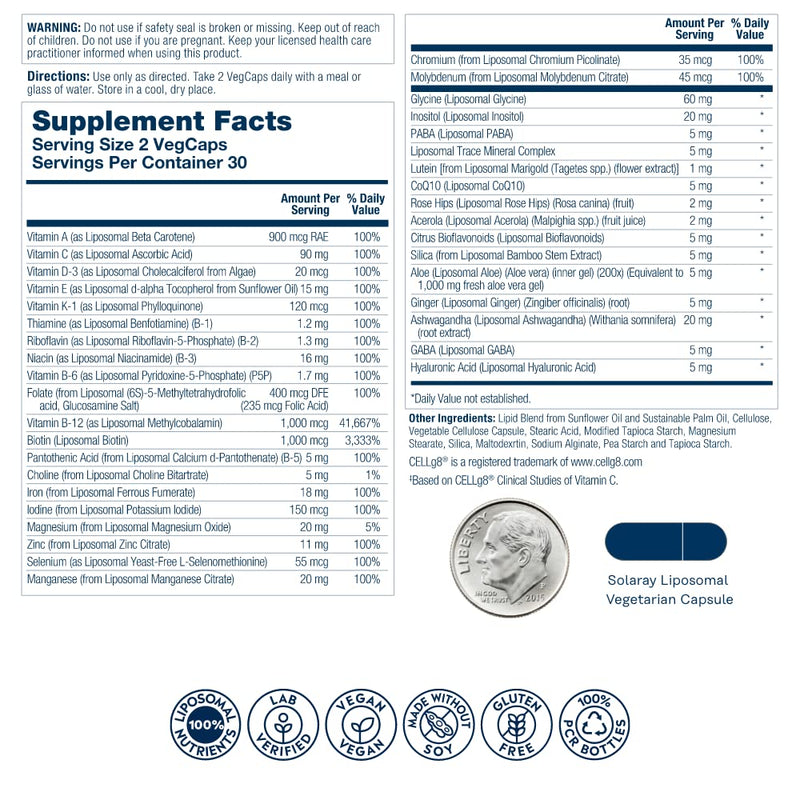 SOLARAY Liposomal Multivitamin Women, 60 VegCaps | Women's Daily Multivitamin, Enhanced Liposomal Absorption, Vitamins, Minerals, CoQ10 & Adaptogens, 30 Servings, Vegan 60 Count (Pack of 1)