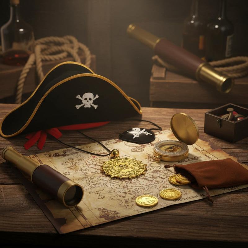 17 Piece Pirate Monocular Telescope Pirate Treasure Map Eye Patch Hat Pocket Compass Necklace Plastic Coins with Velvet Bag for Party Supplies