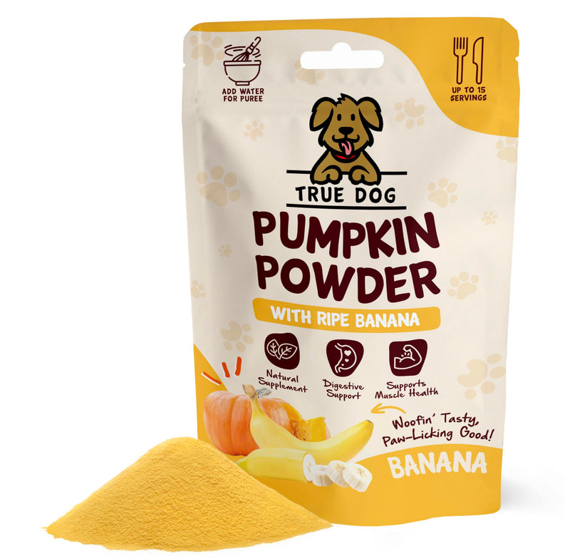 True Dog Pumpkin Powder with Ripe Banana 100g | Natural Pumpkin Puree Powder for Dogs, Digestive Supplement, Stool Firming, High Fibre Dog Food Topper, Manufactured in the UK