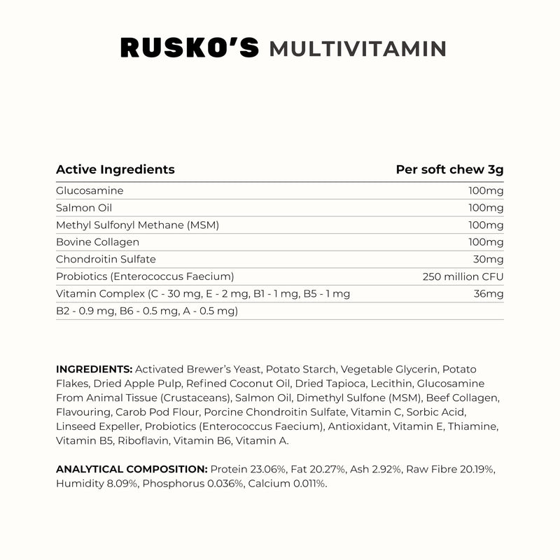 Rusko's Multivitamin Supplement for Dogs | Daily Immunity, Digestion & Joint Support | Vitamins A, C, D & E, Probiotics & Salmon Oil | 120 Soft Chews