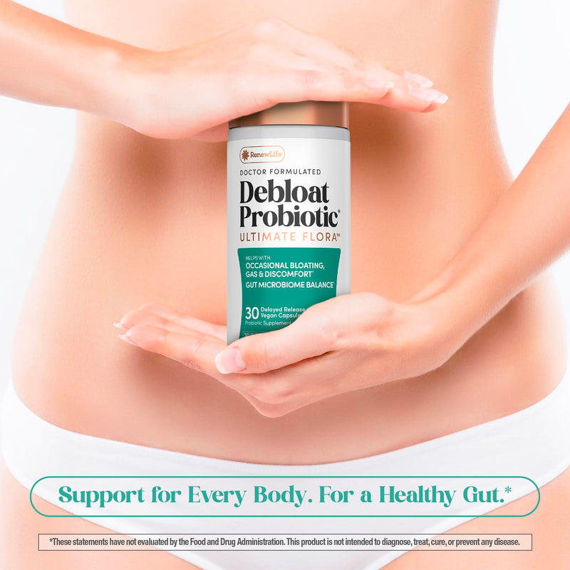 Renew Life Ultimate Flora Debloat Probiotic | 30 Delayed Release Vegan Capsules | with Potent Digestive Enzymes, B12 & Chromium | Gluten, Dairy & Soy Free Supplement