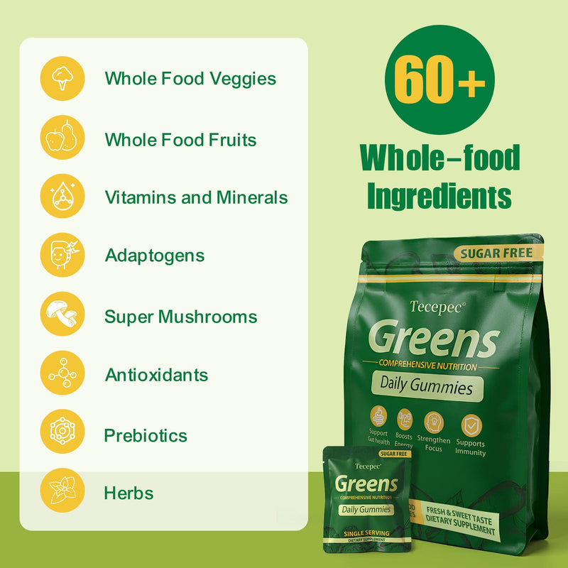 Sugar Free Greens Daily Gummies, Superfood Fruits Veggies Blend with Spirulina, Chlorella, Prebiotics & Fiber, Adaptogens Multivitamin Supplement for Women Men Digestive Health, Non-GMO, 120 Count 120 Count (Pack of 1)