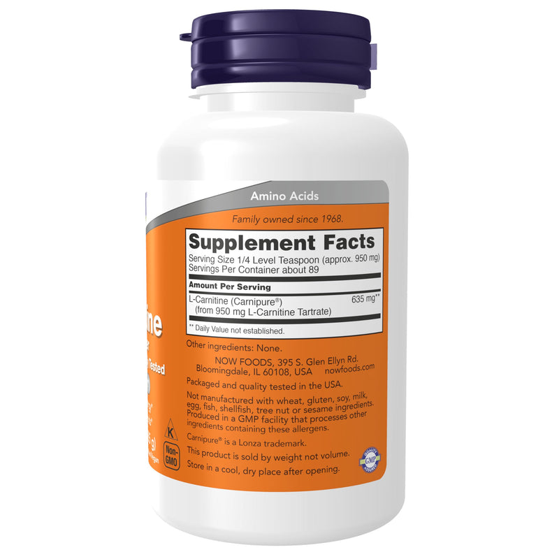 NOW Foods Supplements, L-Carnitine (L-Carnitine Tartrate) Pure Powder, Boosts Cellular Energy, Amino Acid, 3-Ounce Unflavored 3 Ounce (Pack of 1)