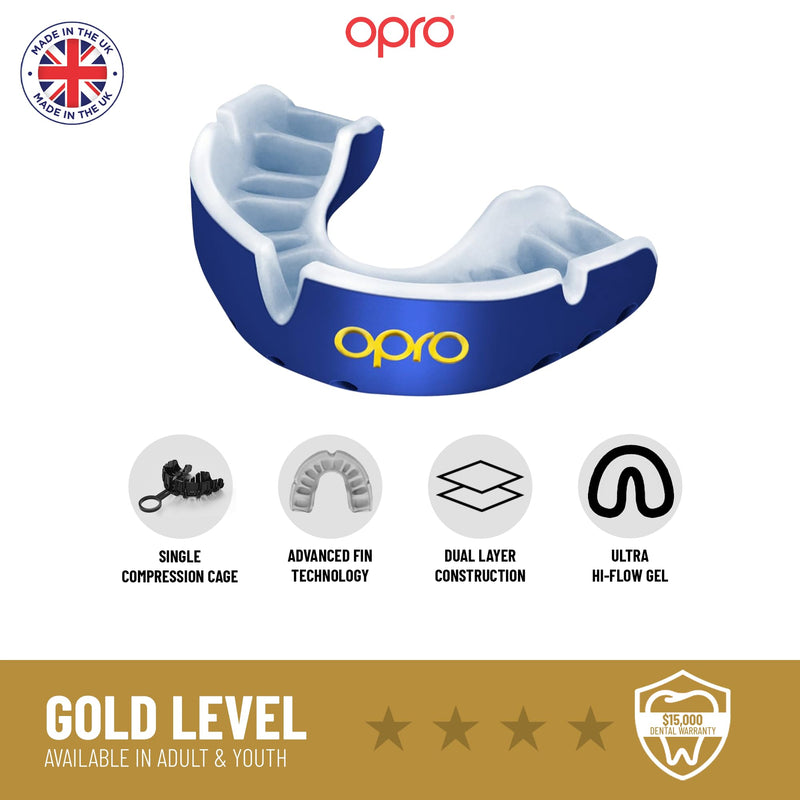 OPRO Gold Level Mouth Guard - Moldable Mouthguard with Premium Comfort Fit, and Multi-Layer Protection for Boxing, MMA, Rugby, Hockey, and Football Mouthpiece – Includes Case (White/Gold, Adult) White/Gold Adult (Age 10+)