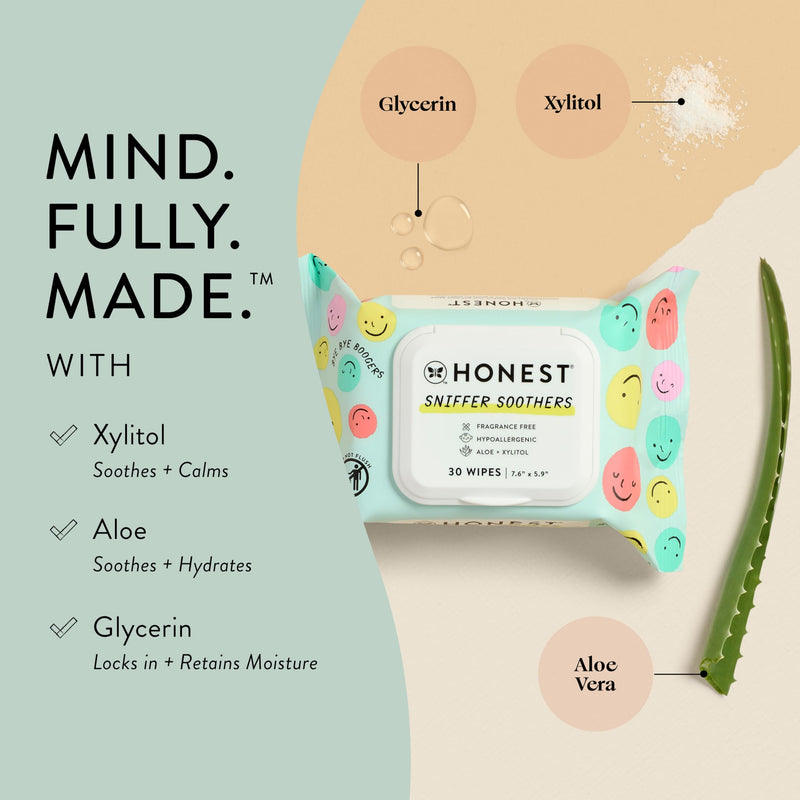 The Honest Company Plant-Based Snot Removing Wipes | Soothing Nose + Face Wipes with Aloe | Hypoallergenic for Sensitive Skin, EWG Verified | Fragrance Free, 60 Count 30 Count (Pack of 2) - BeesActive Australia