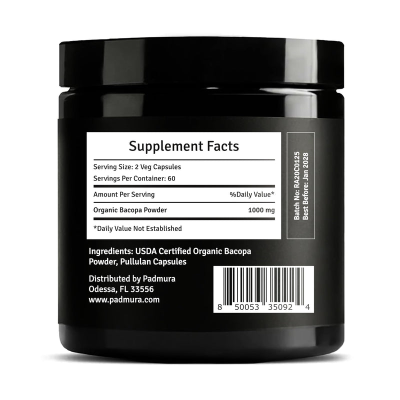 Organic Bacopa Monnieri Leaf Powder Capsules | USDA Organic | Vegan | Gluten Free | 120 Capsules | 1000mg | for Cognitive Function | Focus | Attention - BeesActive Australia