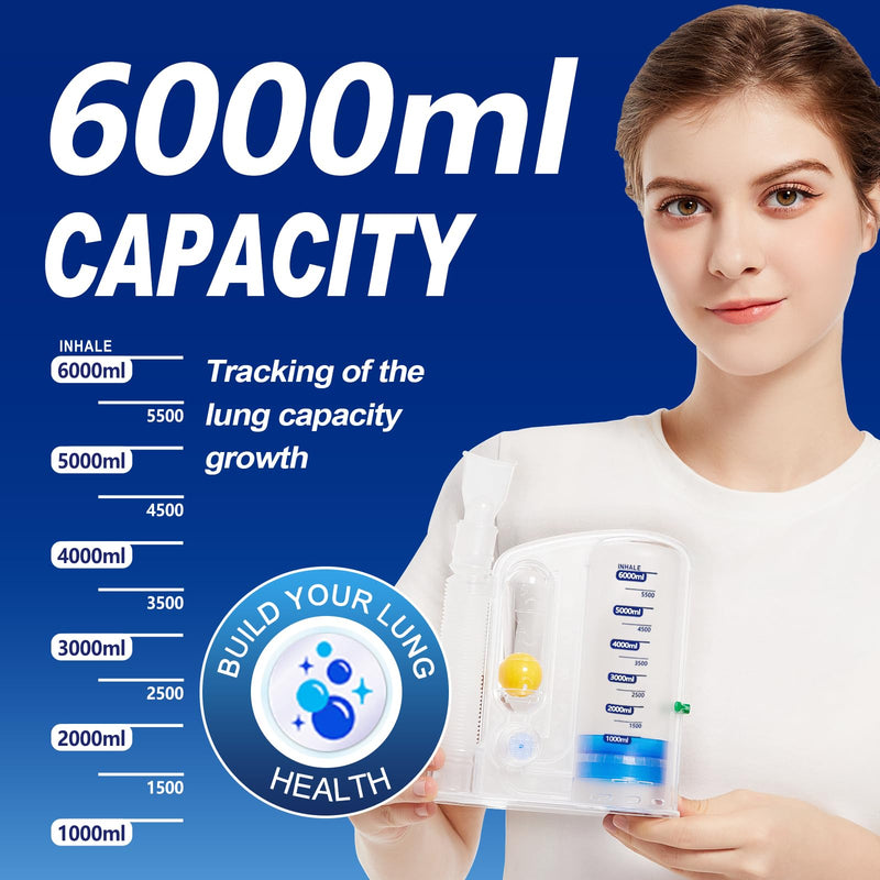 Lung Exerciser Device, Breathing Trainer - 6000ML Inhale Volume Measurement, Equipped with Ball Flow Rate Indicator & Scale Indicator Transparent-blue - BeesActive Australia