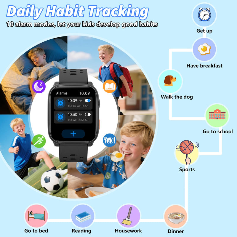 Kids Smart Watch with Puzzle Games, 1.83" Kids Watches Heart Rate, Sleep Monitor, Pedometer, Alarm Clock, Flashlight, Gift for 6-16 Year Old Boys Girls Toys (Black) Black - BeesActive Australia