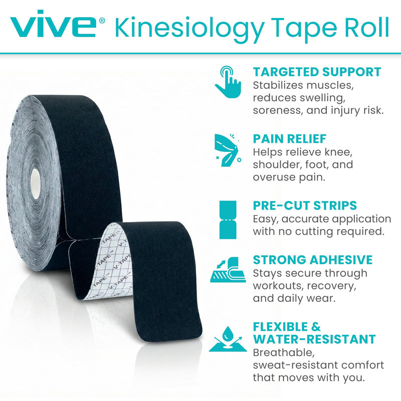 Vive Kinesiology Tape Roll - Tape Precut Strips (2" x 105 Feet/128 Strips) - Kinesio Sports Tape Athletic - Knee, Shoulder, Ankle, Muscle K Tape Adhesive Elastic Wrap - Body Kinetic Tape Waterproof 2" x 105' Black