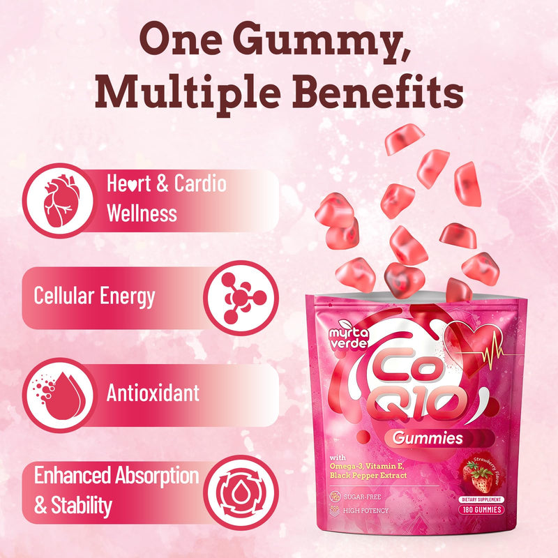 (180 Count) CoQ10 Gummies 300mg Sugar-Free | High Absorption Coenzyme Q10 Supplements with Omega-3, Vitamin E & Black Pepper | Heart, Fertility & Energy | 6 Month Supply, Strawberry Flavor 180 Count (Pack of 1)