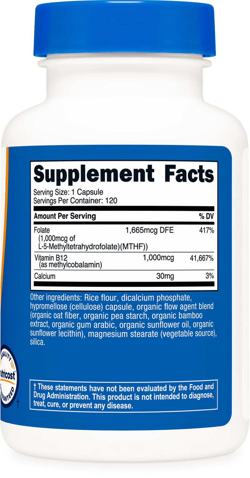Nutricost Methylated Vitamin B12 + Folate Supplement (2,000 mcg) 120 Caps | 60 Servings, 1,000 mcg of Vitamin B12 + 1,000 mcg of Methyl Folate, Gluten Free 120 Count (Pack of 1)
